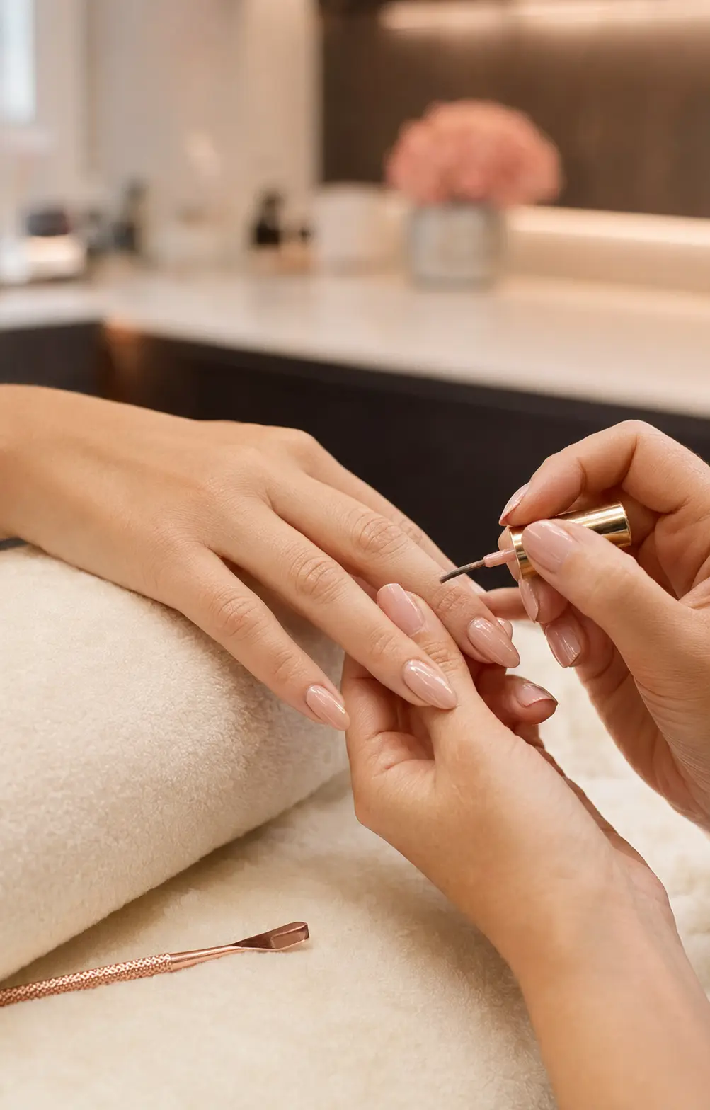 A precise manicure in a warm, relaxing salon setting